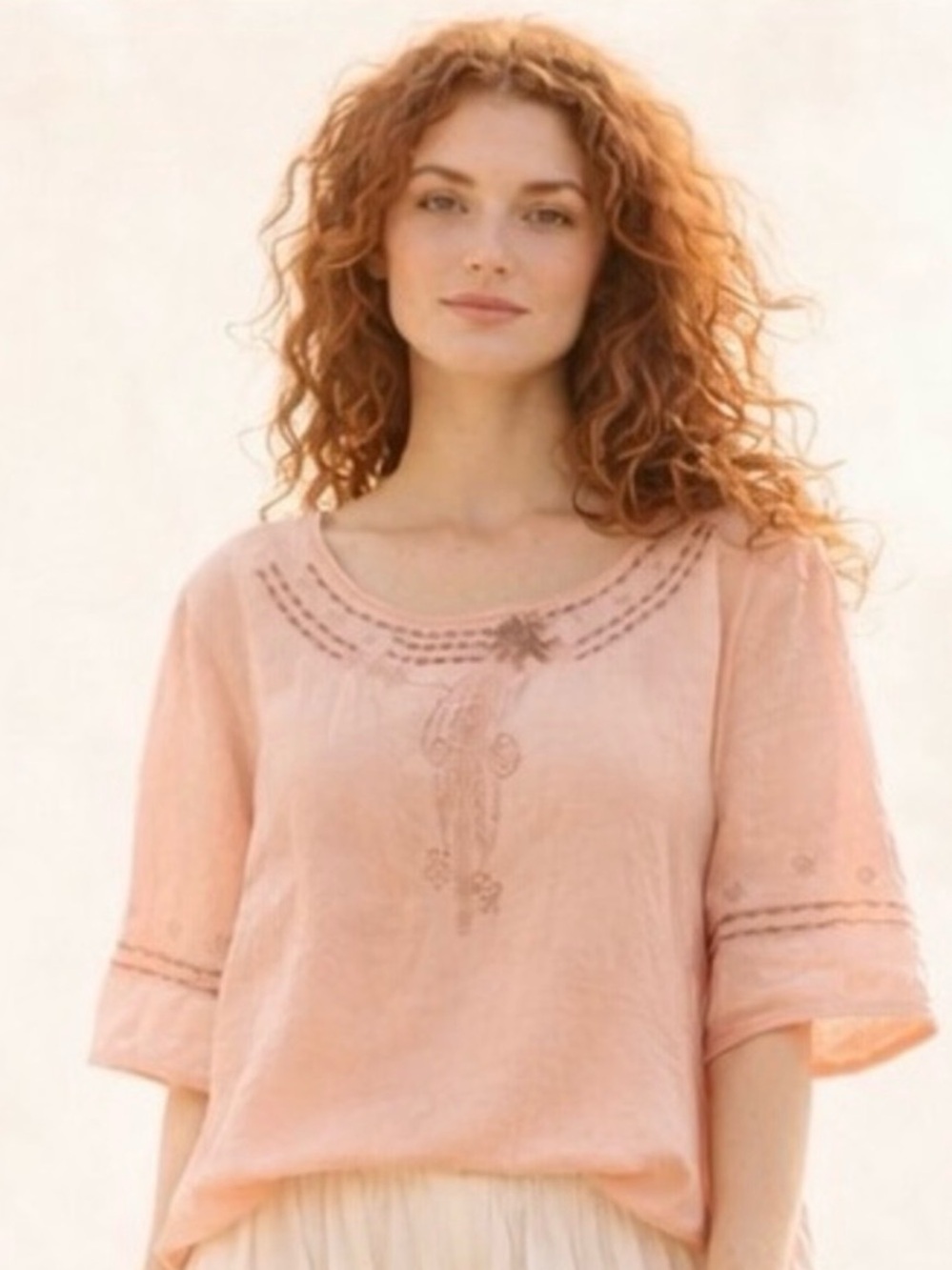 Linen PeachShort Sleeve Embroidered Blouse